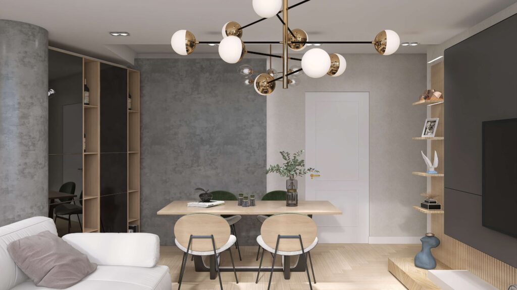 Sodobna dnevna soba z osvetlitvijo – lestenec, stoječa svetilka in poudarjena svetloba nad slikami