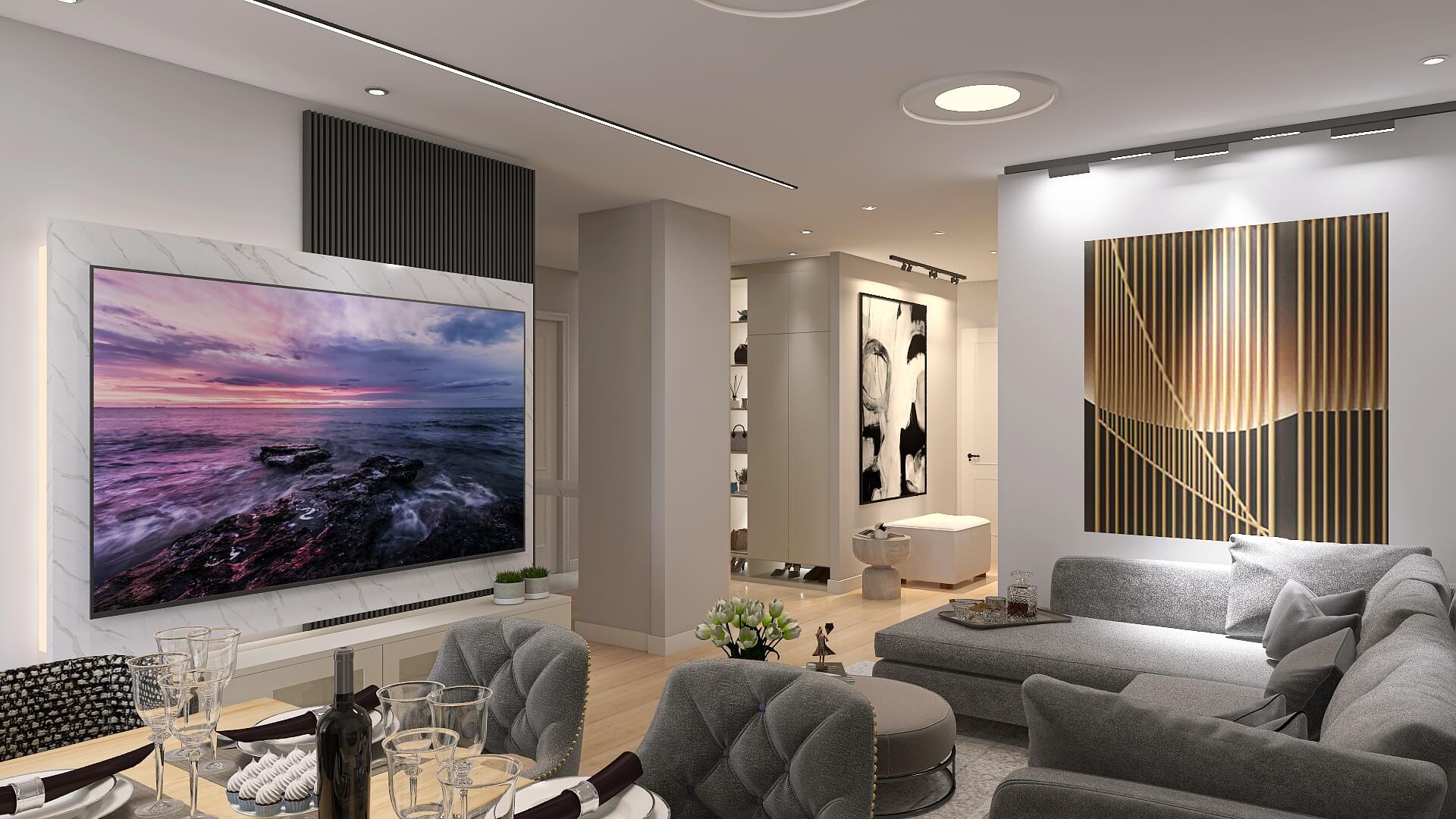 Dnevna soba z različnimi teksturami – leseni elementi, tekstil in stenski paneli