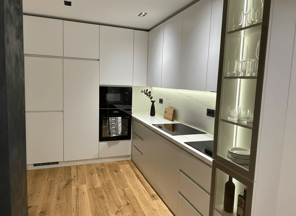 Kuhinja v modernem stanovanju z elegantnimi kuhinjskimi elementi