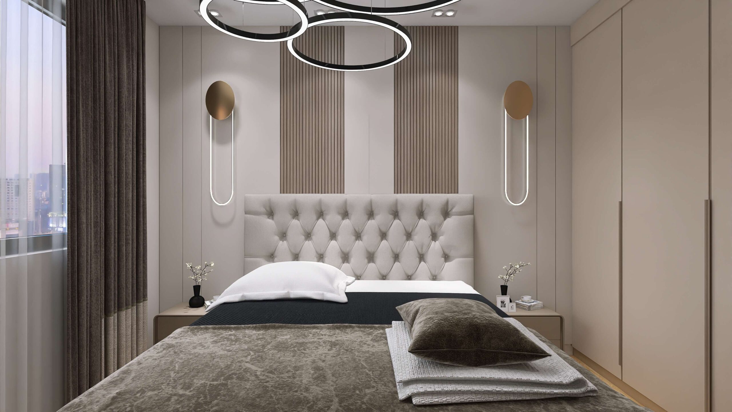 [ALT: mirna spalnica v hladnih zeleno-sivih tonih — hladne barve v interierju Beko Style]
