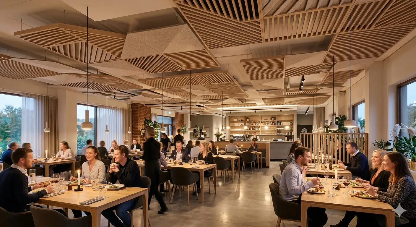 moderna restavracija z akustičnimi paneli na stropu za zmanjšanje hrupa