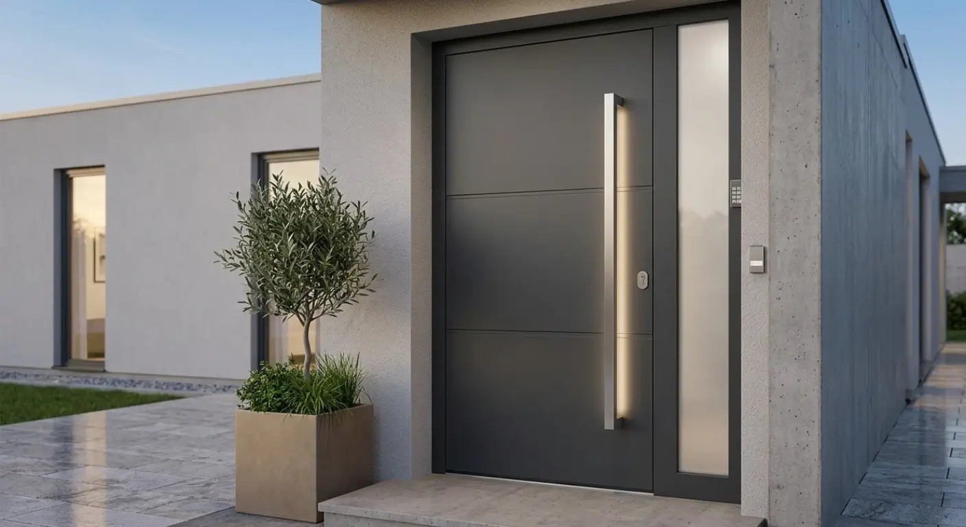 moderna siva vhodna vrata s kljuko iz matiranega nerjavnega jekla – design vhodnih vrat