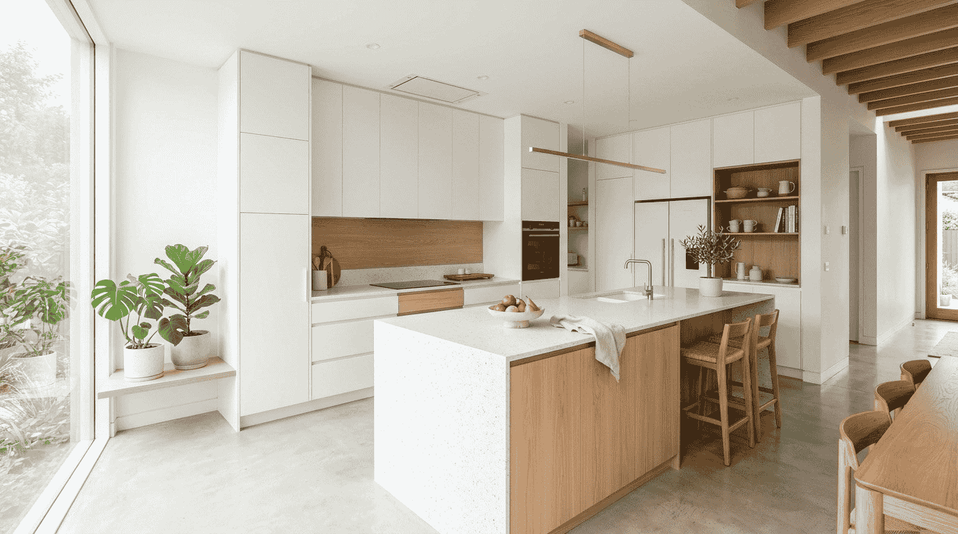 [ALT: jedilnica s toplo opečnato steno in lesenimi detajli — topli toni v interierju]