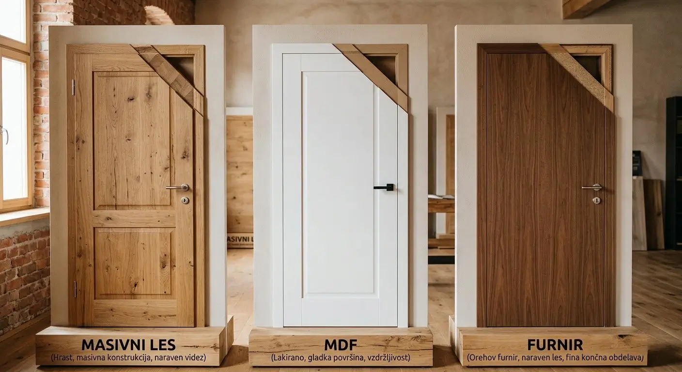 [ALT: prikaz različnih materialov sobnih vrat – masivni les, MDF in furnir]