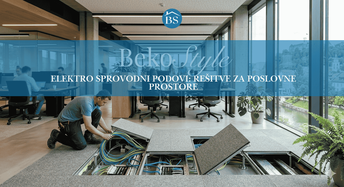 [ALT: elektro sprovodni pod v pisarni – dvignjeni tehnični pod z vidnimi kabelskimi kanali pod ploščami]